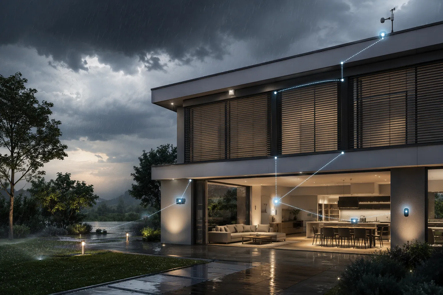 Smart home exterior in stormy weather with weather sensors, closing blinds, paused sprinklers, and alert lights