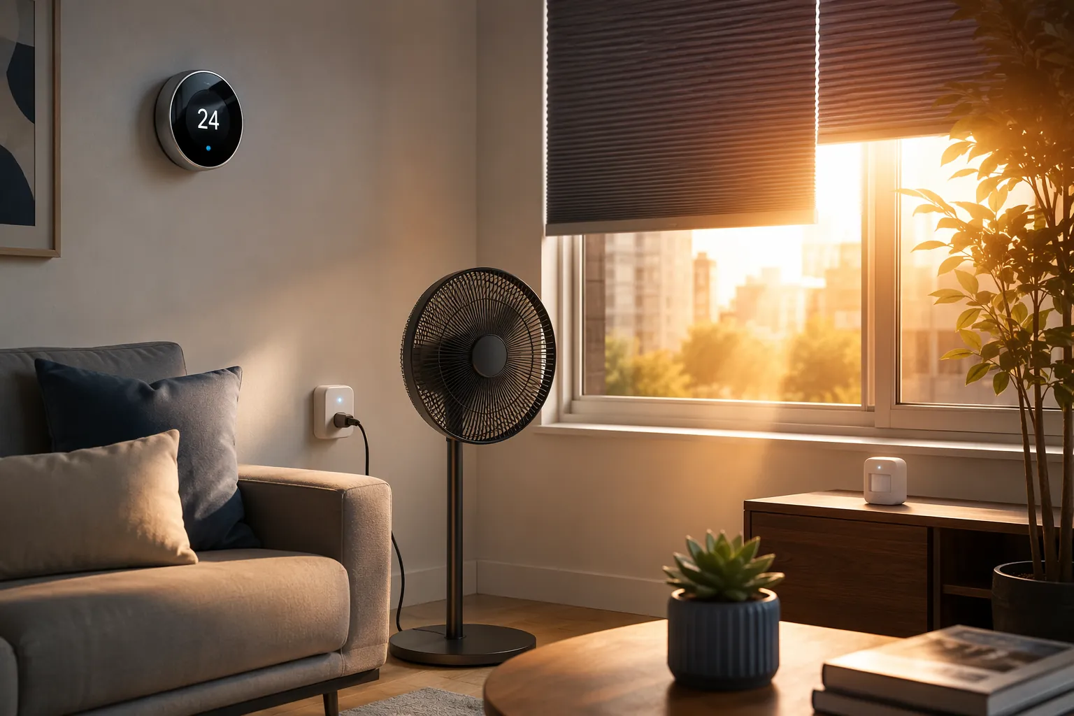 Layered heat-wave automation with smart thermostat, smart plug fan, automated blinds, and mmWave sensor in a living room