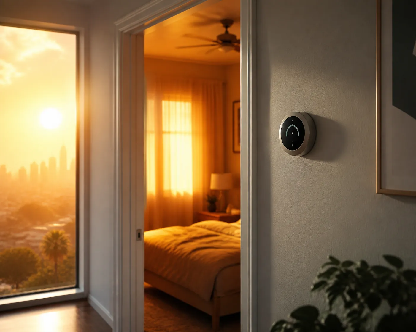 Smart thermostat in a hallway during intense heatwave sunlight, with a warmer bedroom visible through the doorway
