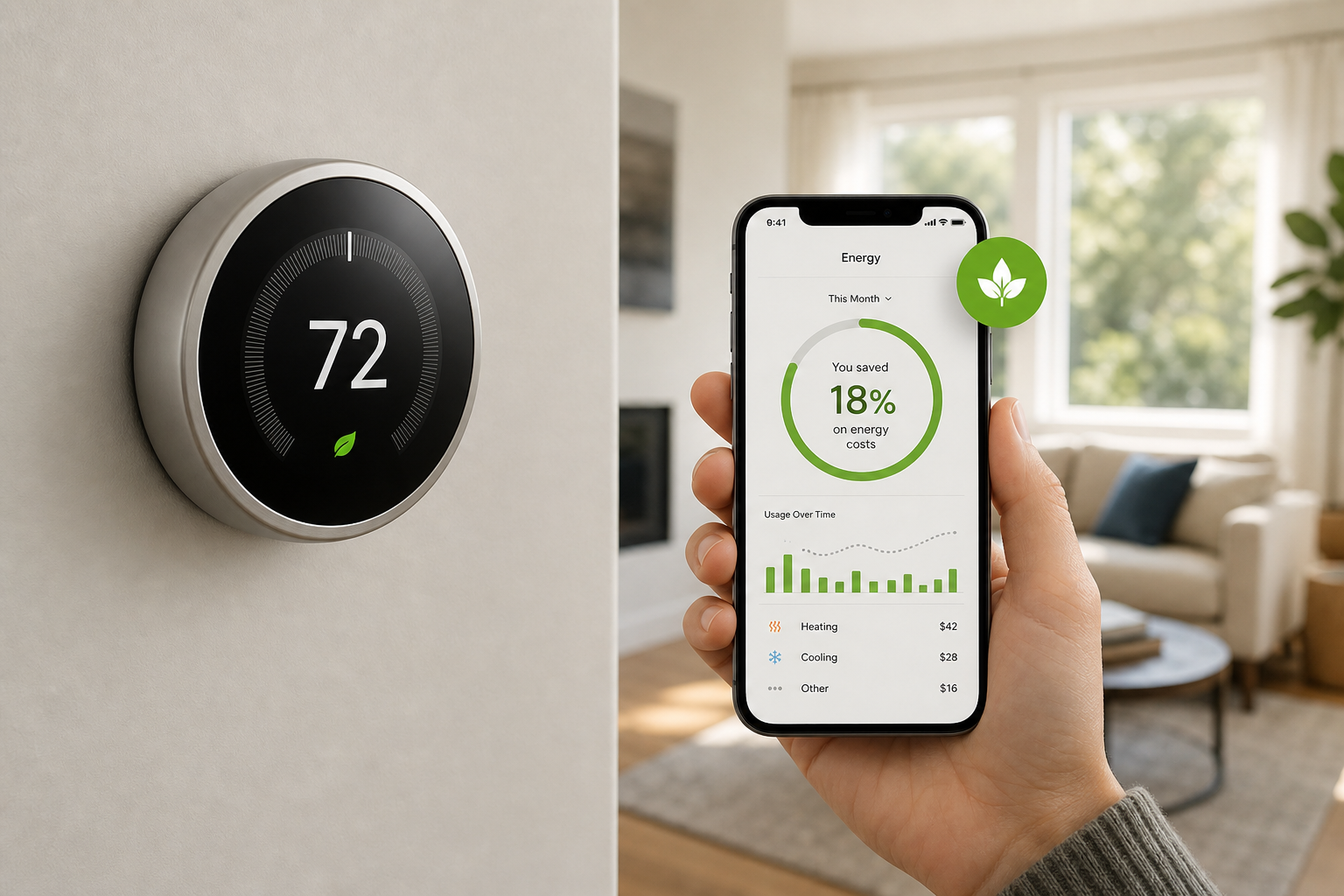 A modern smart thermostat mounted on a neutral wall beside a smartphone displaying a green energy savings dashboard