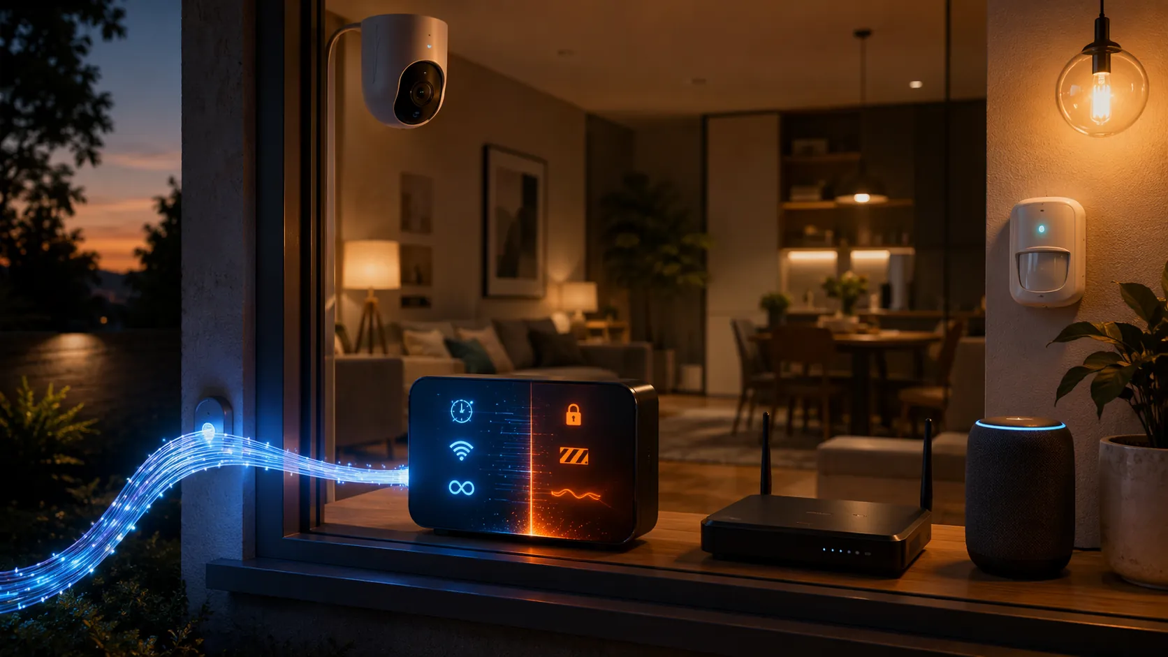 Smart home network with fiber gateway showing both strong speed and configuration warning signals