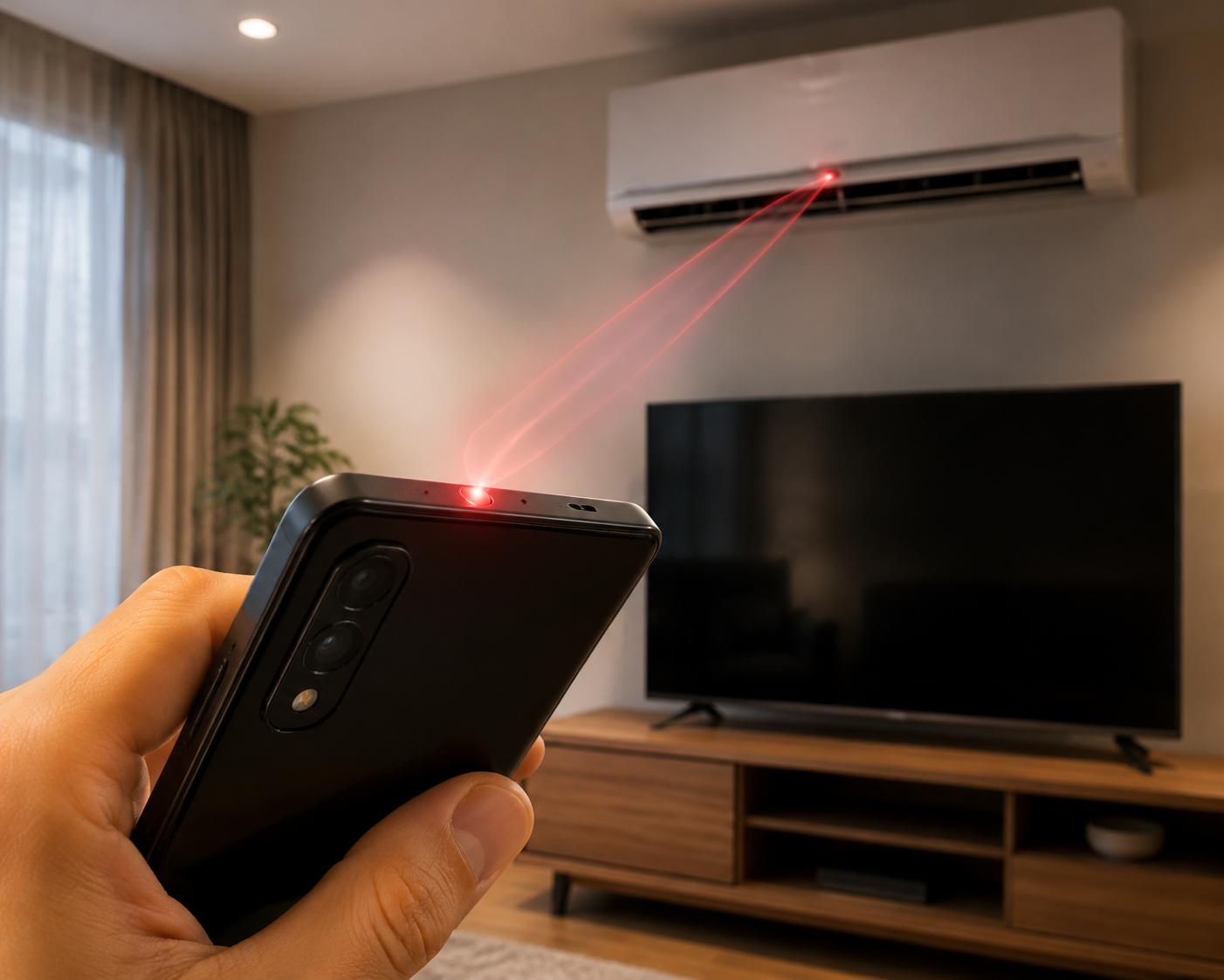 Phone IR blaster pointed at a TV and wall-mounted air conditioner in a living room