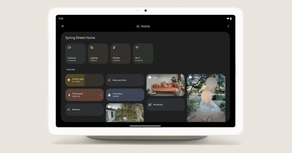 Pixel phone displaying the Google Home Panel with smart home device tiles