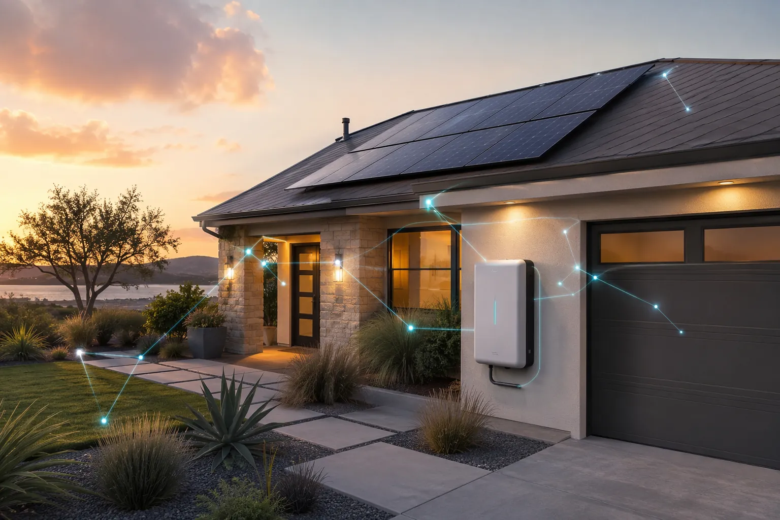 Modern Texas home with rooftop solar, a garage-mounted battery, and smart home connection lines at sunset