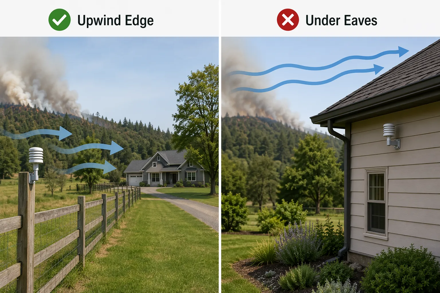 Comparison of an outdoor sensor placed at the upwind property edge versus under the house eaves