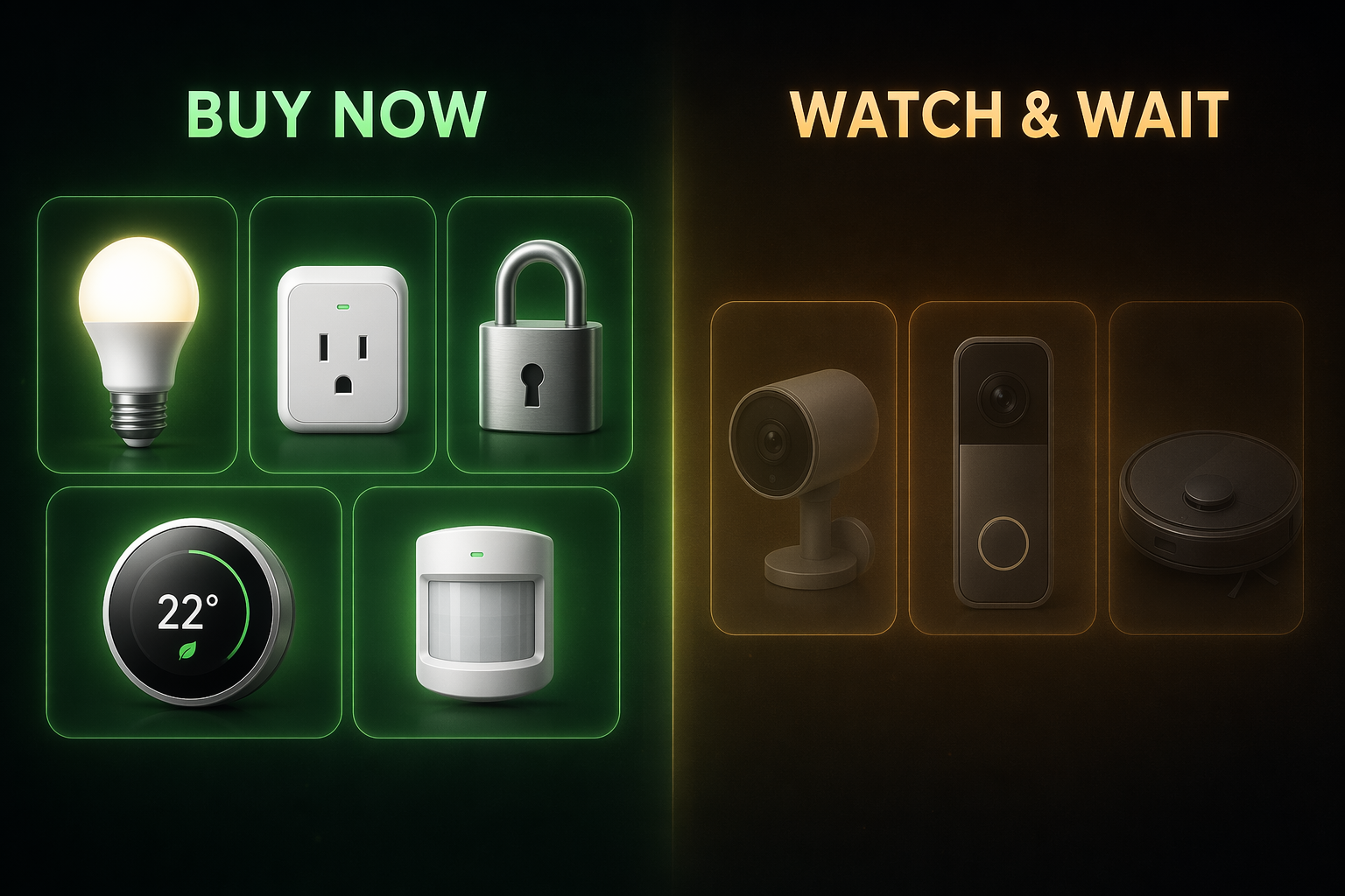 Split graphic dividing Matter device categories into buy now and watch and wait