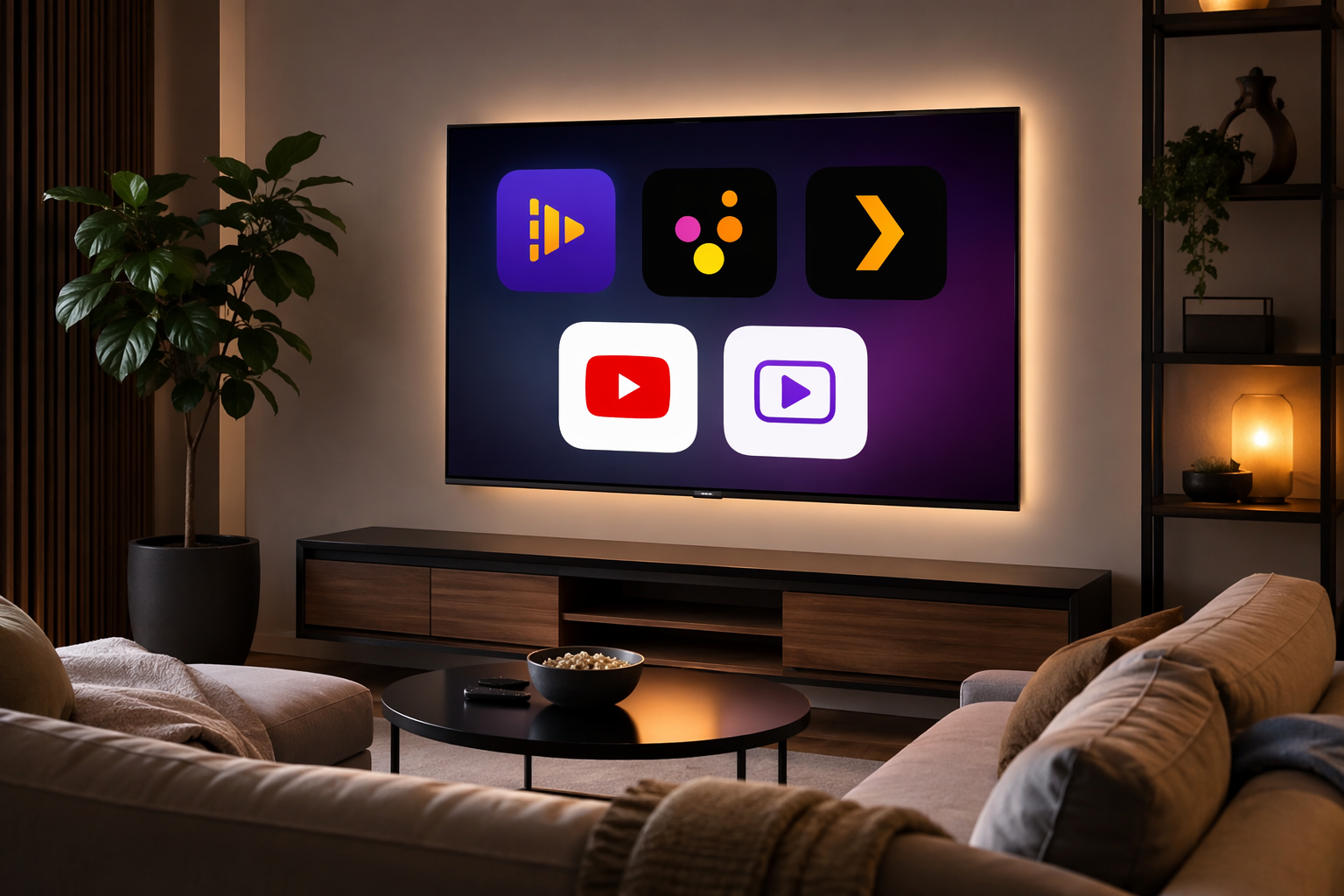 Smart TV home screen showing free streaming app icons in a living room