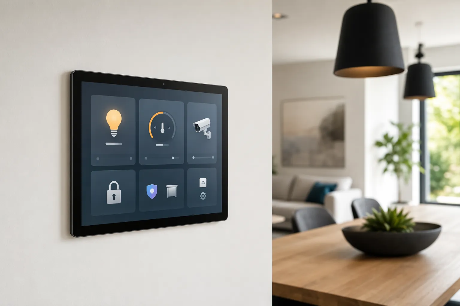 An 11-inch Android tablet mounted on a wall showing smart home dashboard controls for lights, thermostat, cameras, and locks