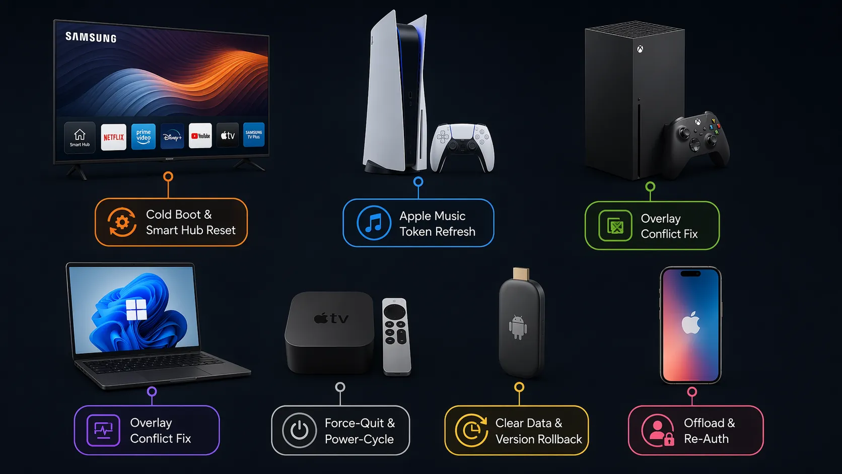 Device selector map showing Apple TV app fixes for Samsung TV, consoles, Windows, Apple TV hardware, Android TV, and iPhone