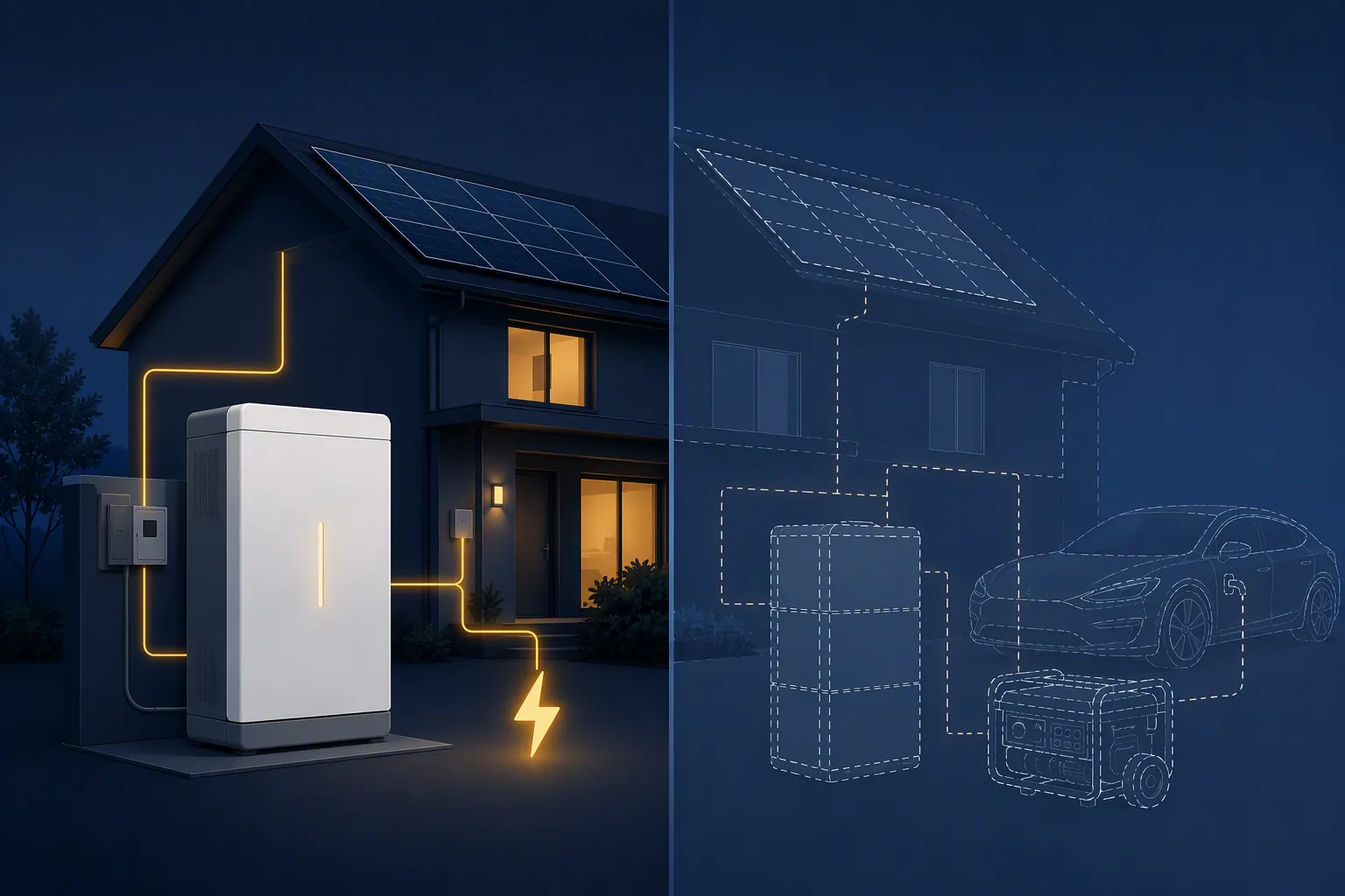 Illustration separating shipped MINA backup features from roadmapped electric vehicle, generator, and parallel battery features