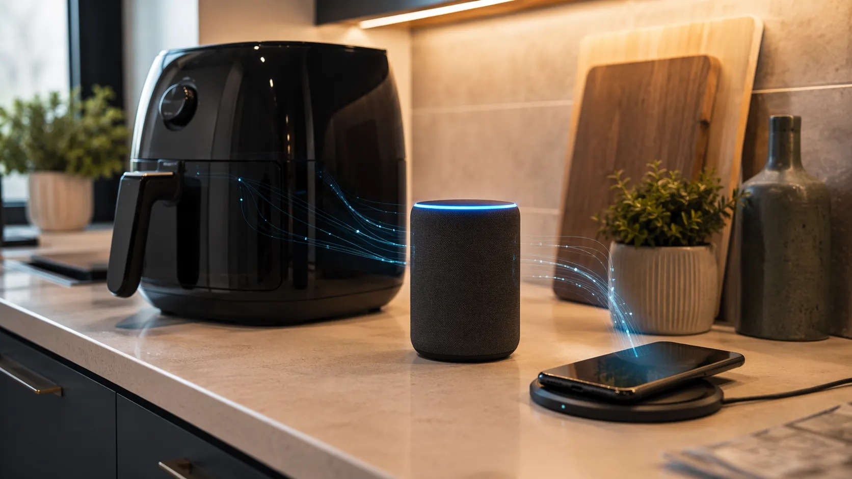 Smart air fryer, smart speaker, and smartphone on a kitchen counter connected by faint data-stream lines