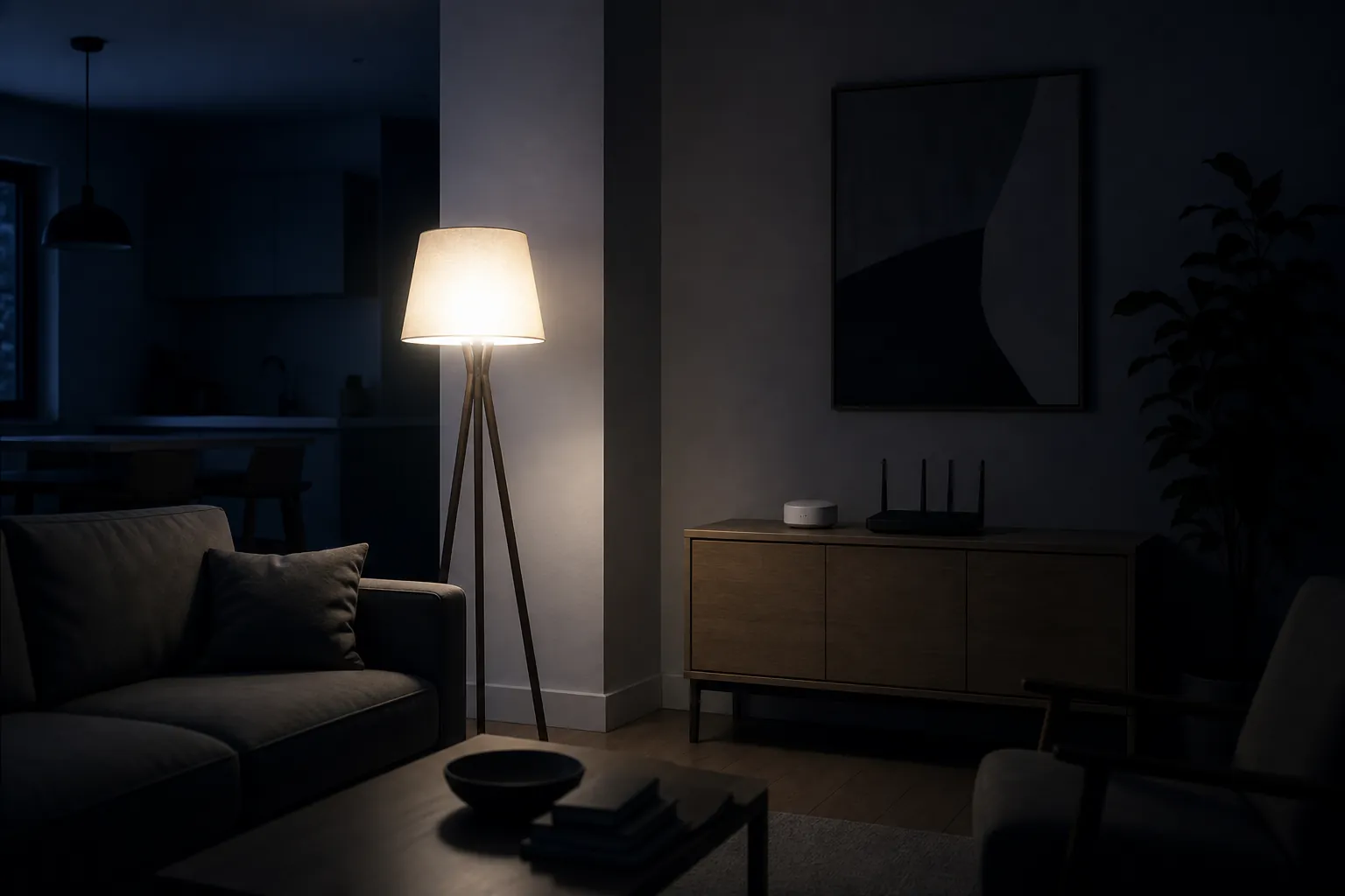 Dark living room after power returns with one smart lamp glaring on and a hub showing no status lights