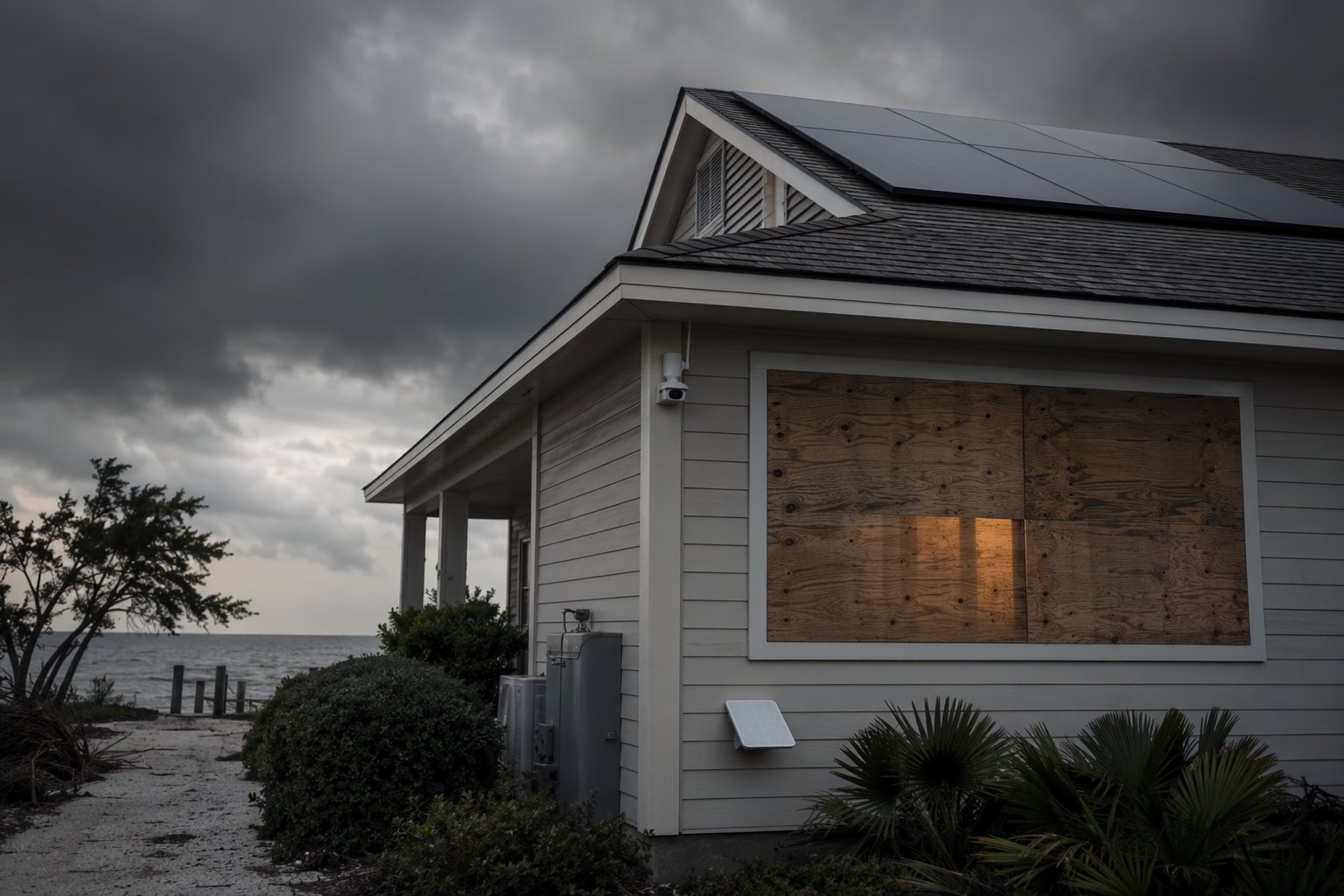 Coastal house under an overcast pre-hurricane sky with backup power and a visible security camera.