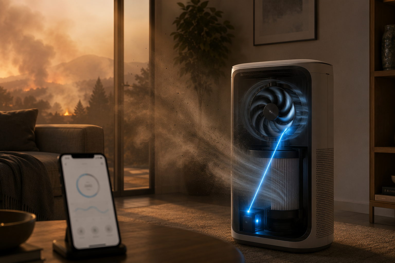 Modern air purifier sensing smoke particles in a hazy living room while a phone app sits nearby