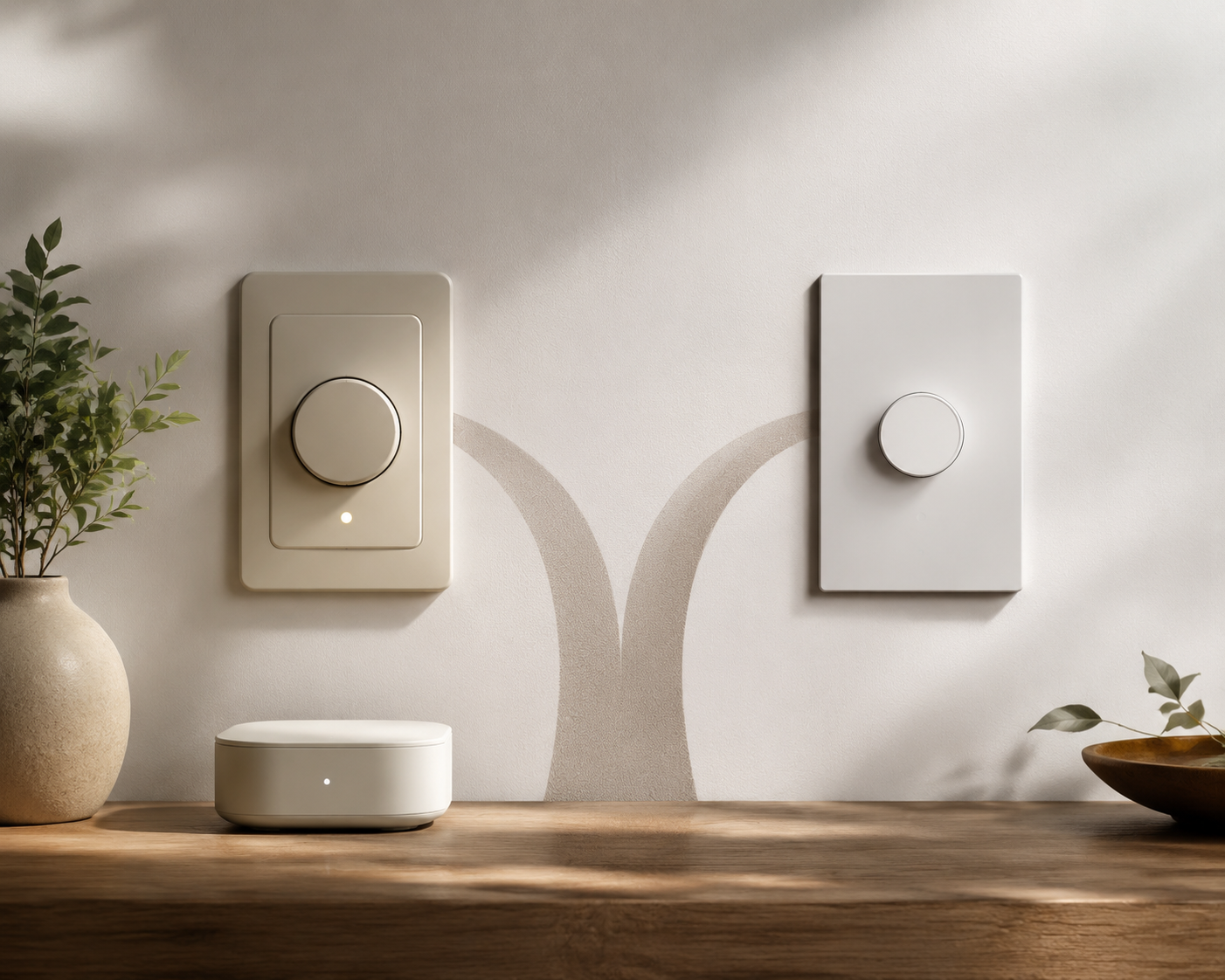 Two smart dimmer switches on a wall showing a choice between premium hub-based reliability and modern hub-free affordability