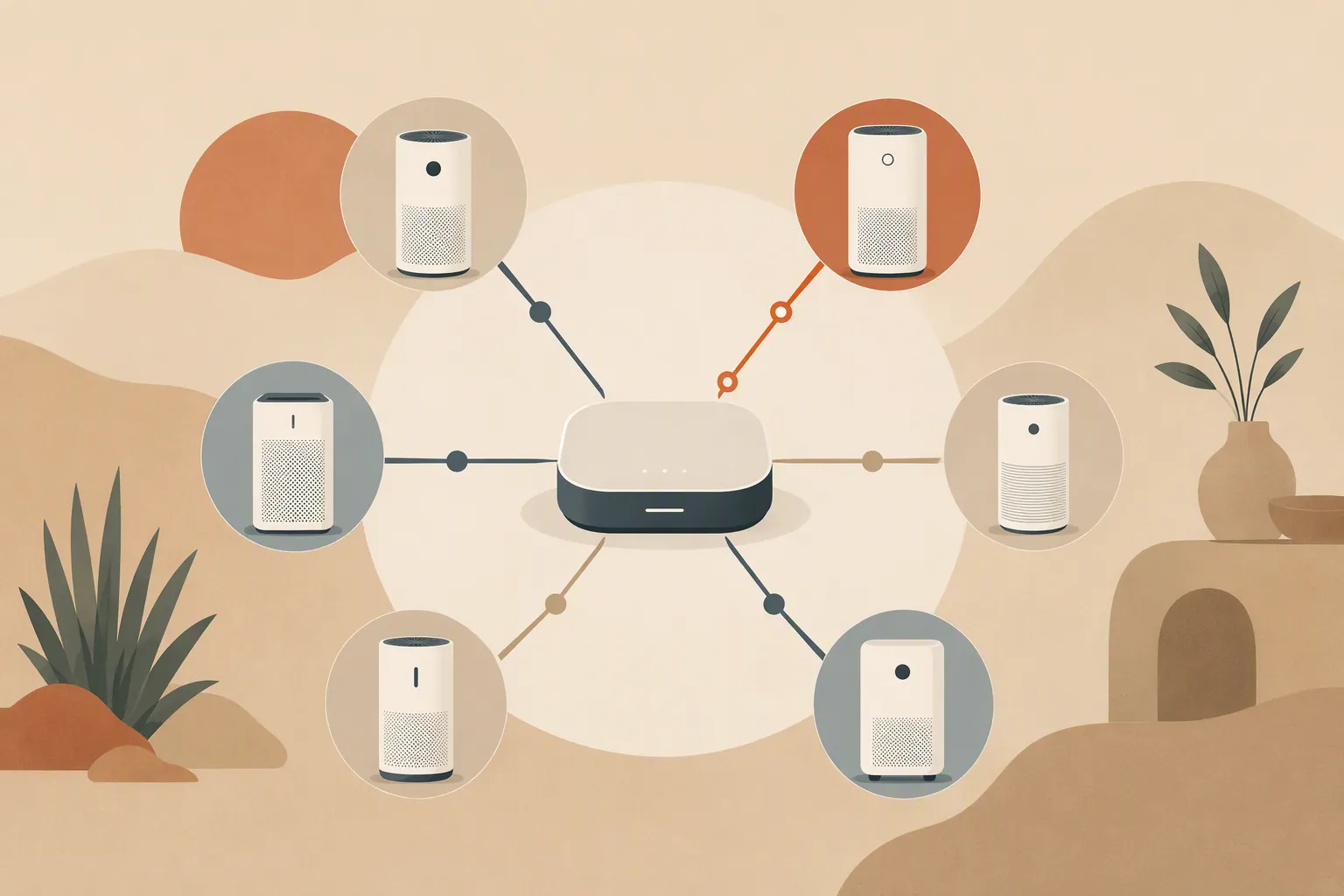 A smart-home hub connected to several air purifier icons by colored network paths