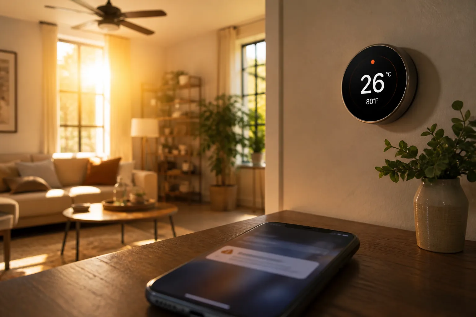 A phone showing a heat alert notification with a smart thermostat in the background