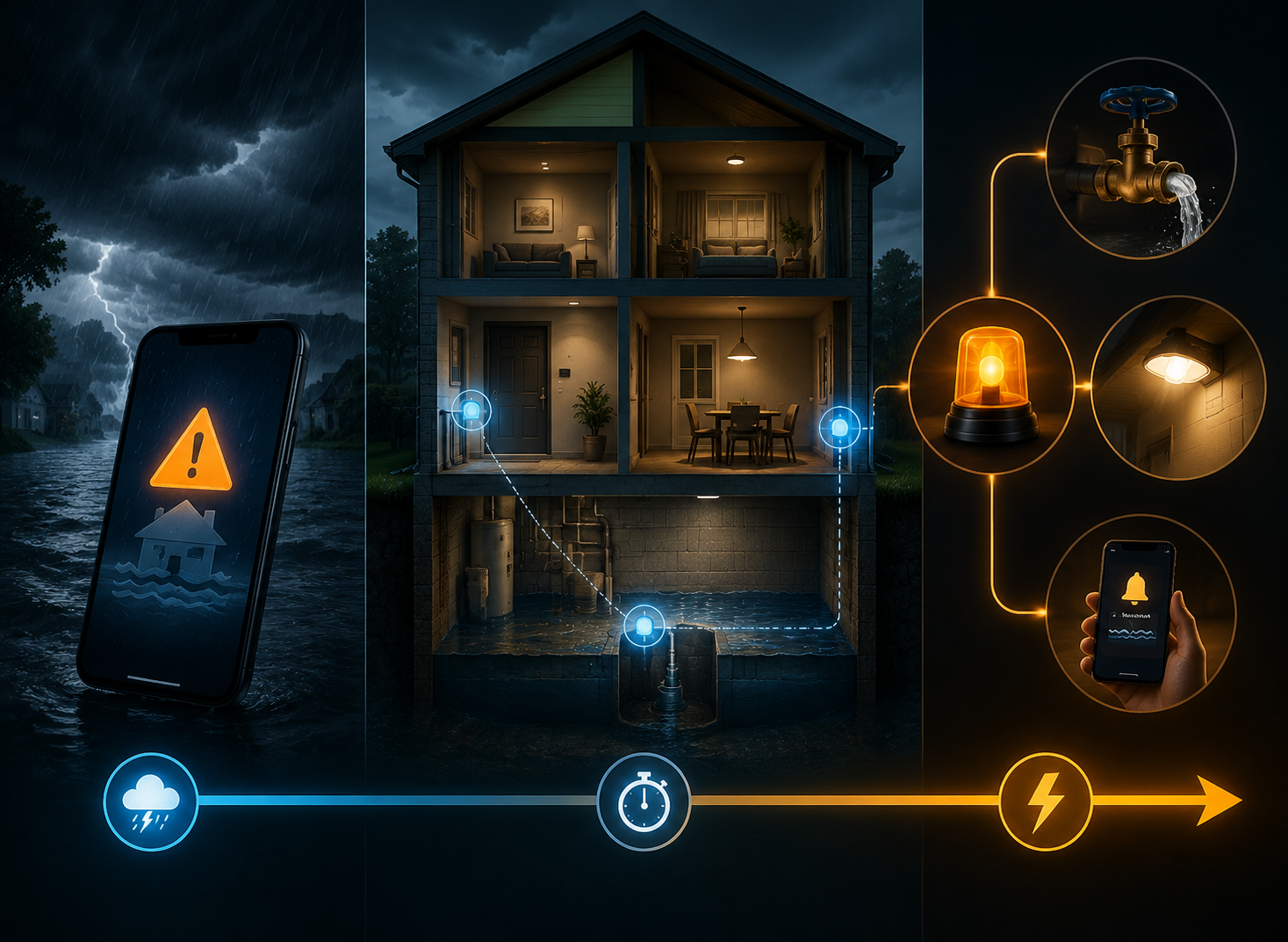 Three-layer flood alert timeline showing public flash flood warning, home water sensors, and automated response devices