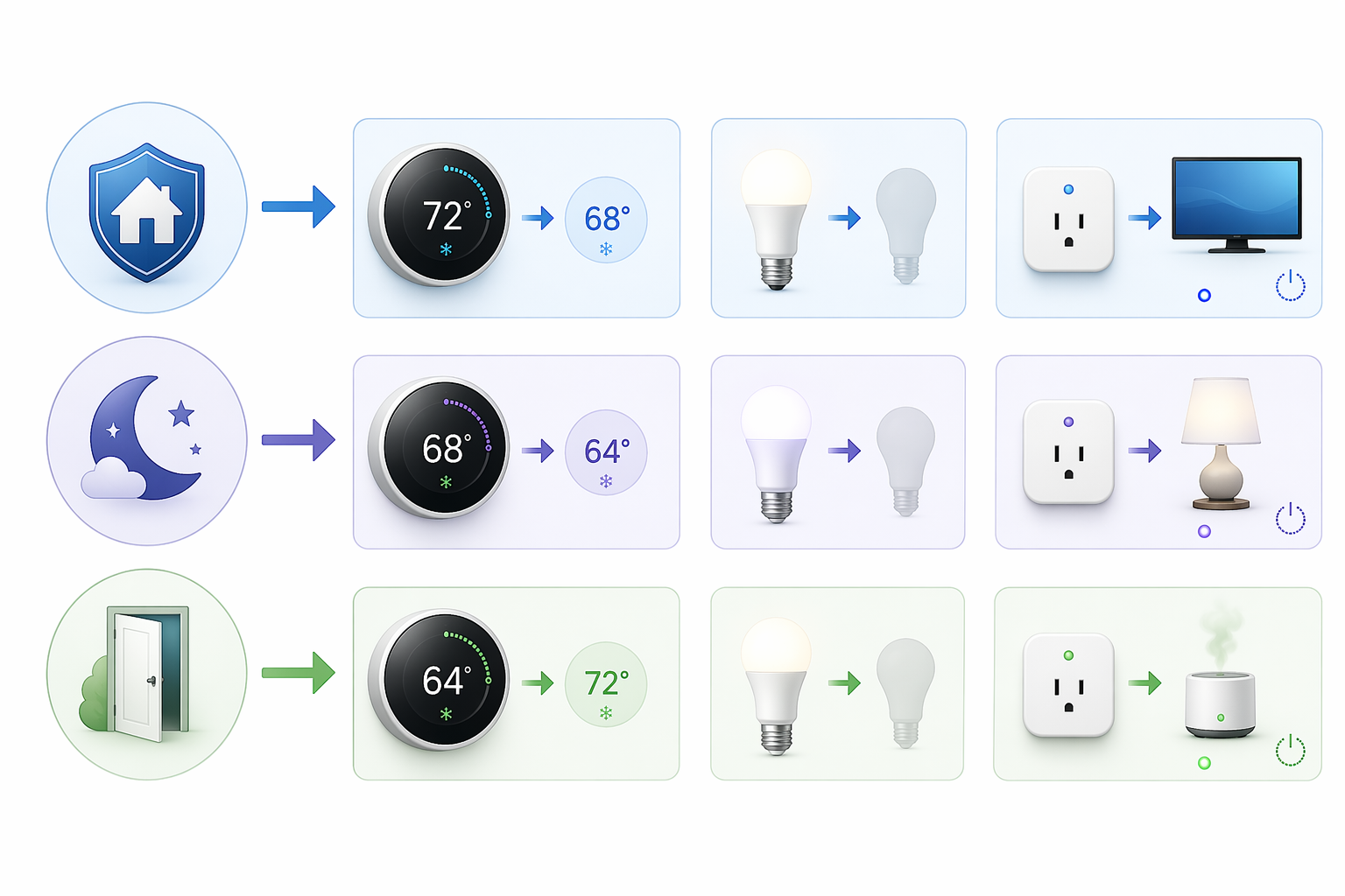 Infographic showing Armed Away, Sleep, and Return security states triggering thermostat, lighting, and plug-load actions