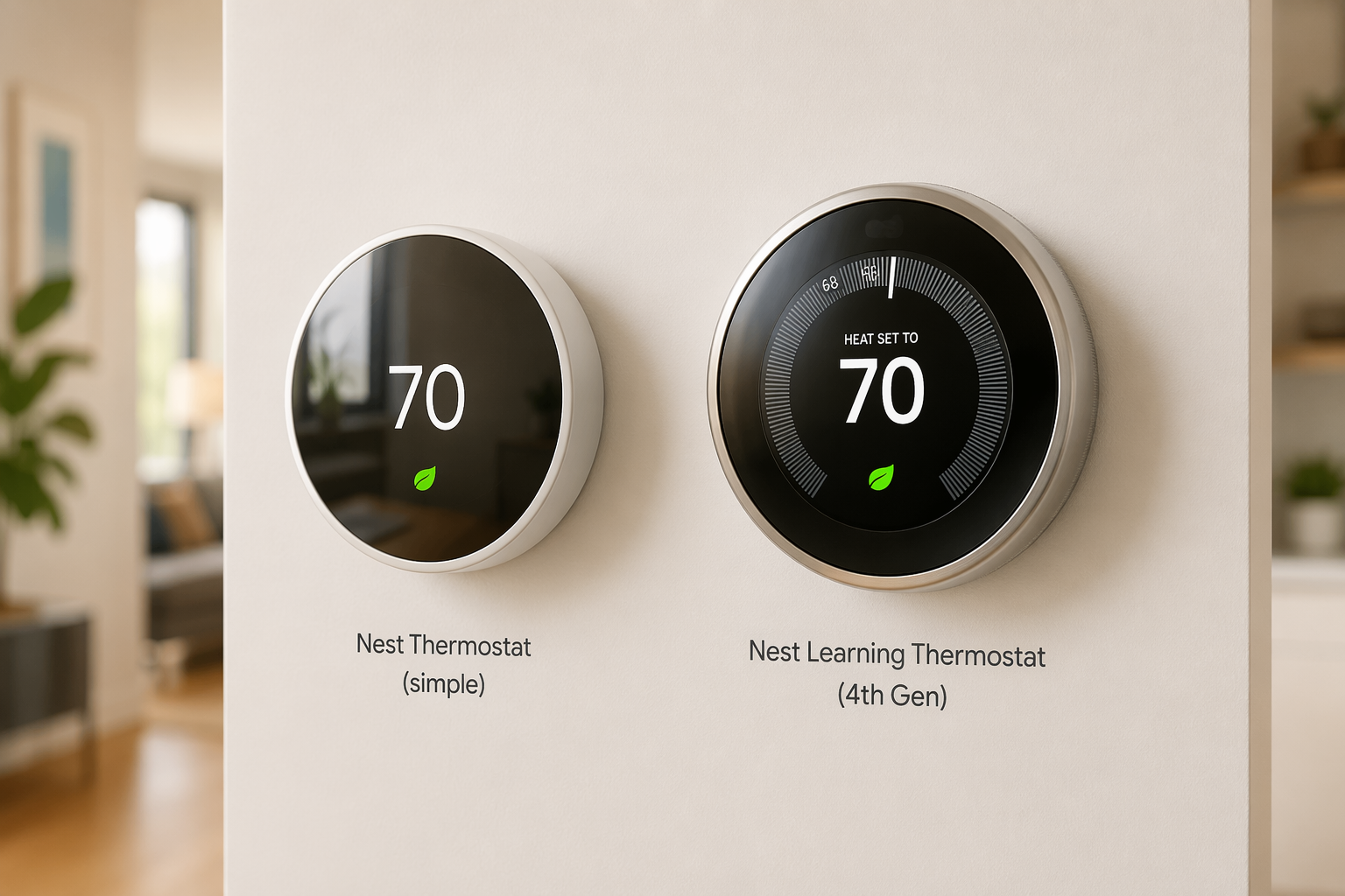 Two current Nest thermostat models mounted side by side on a modern interior wall
