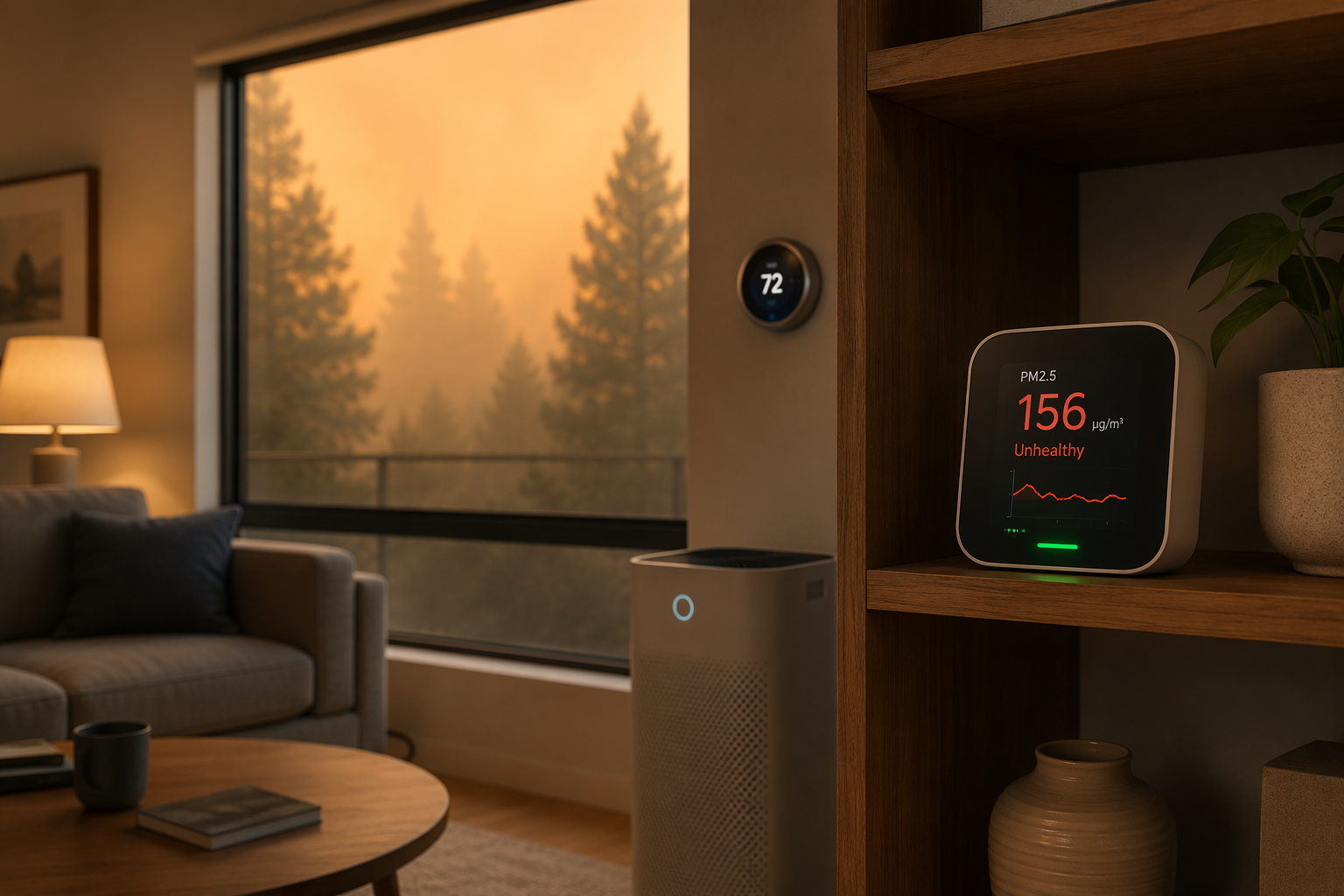 Living room during wildfire smoke with an air quality monitor, thermostat, and purifier