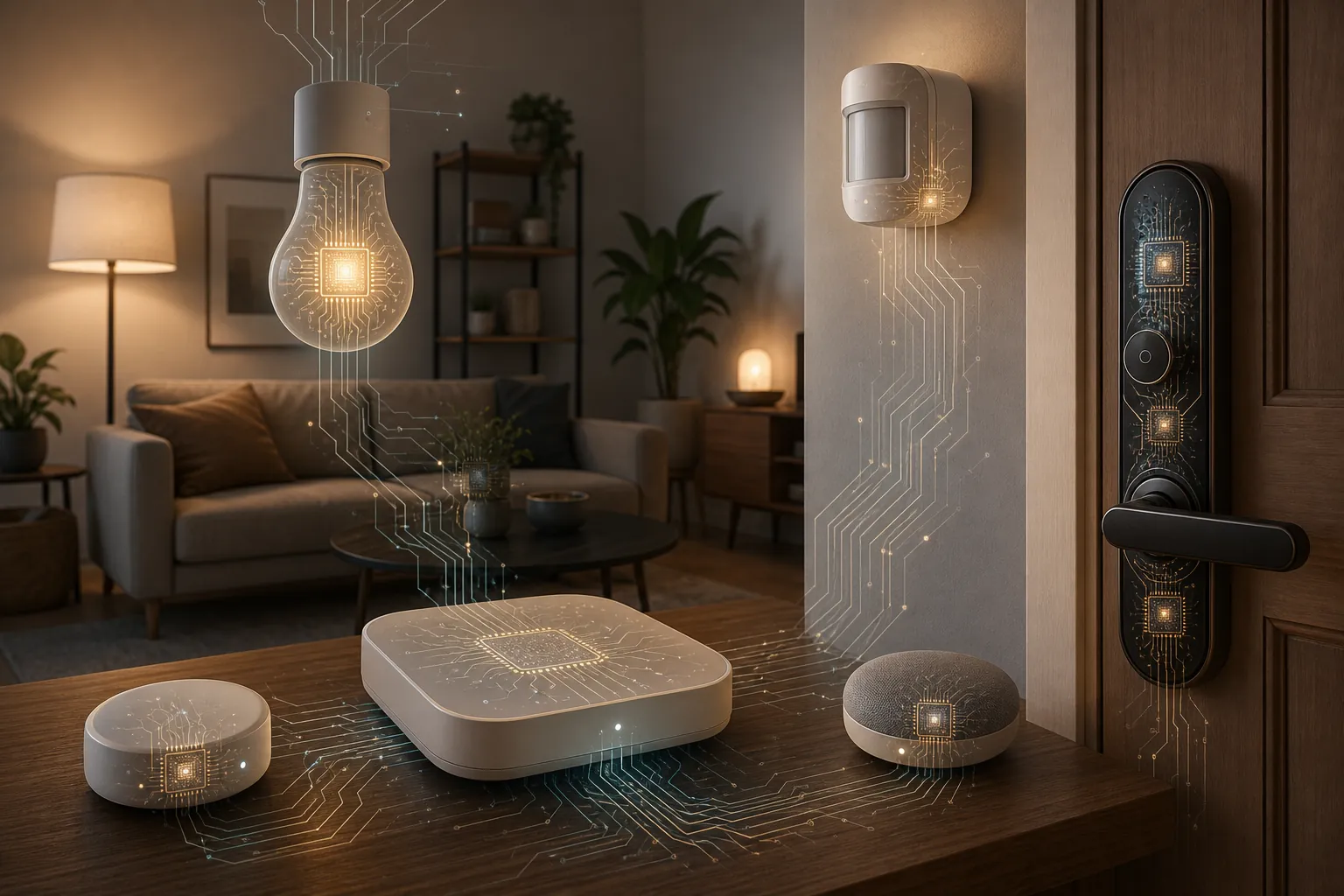 Smart home devices with hidden circuit board traces and chip architecture patterns