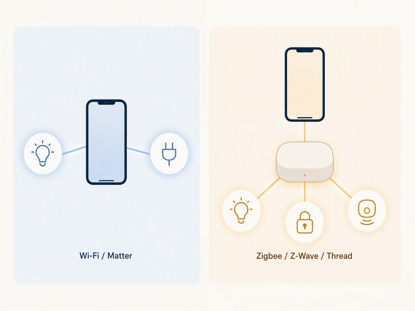 Diagram comparing direct Wi-Fi and Matter device setup with hub-based Zigbee, Z-Wave, and Thread setup