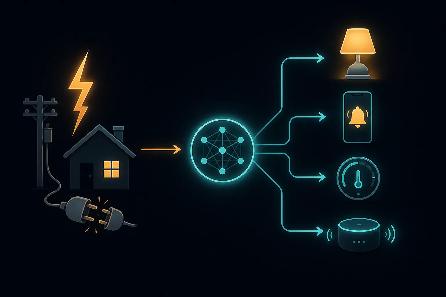 An outage-detection automation sends notifications and changes lights, thermostat behavior, and smart-home mode