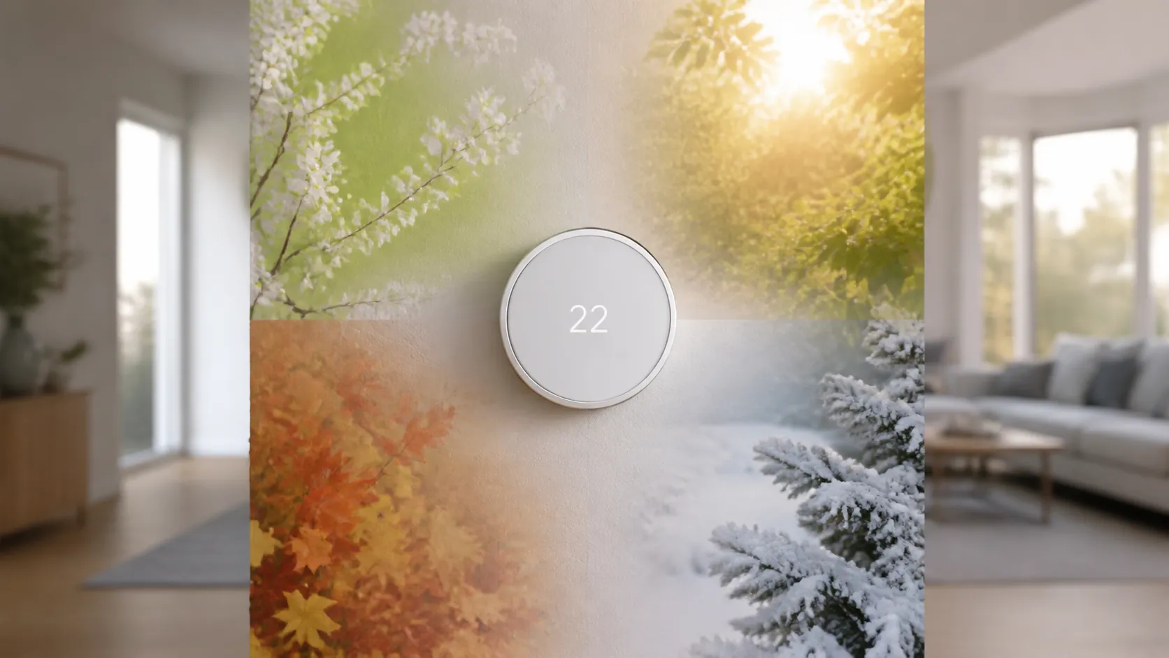 A white smart thermostat on a hallway wall with four blended seasonal scenes in the background