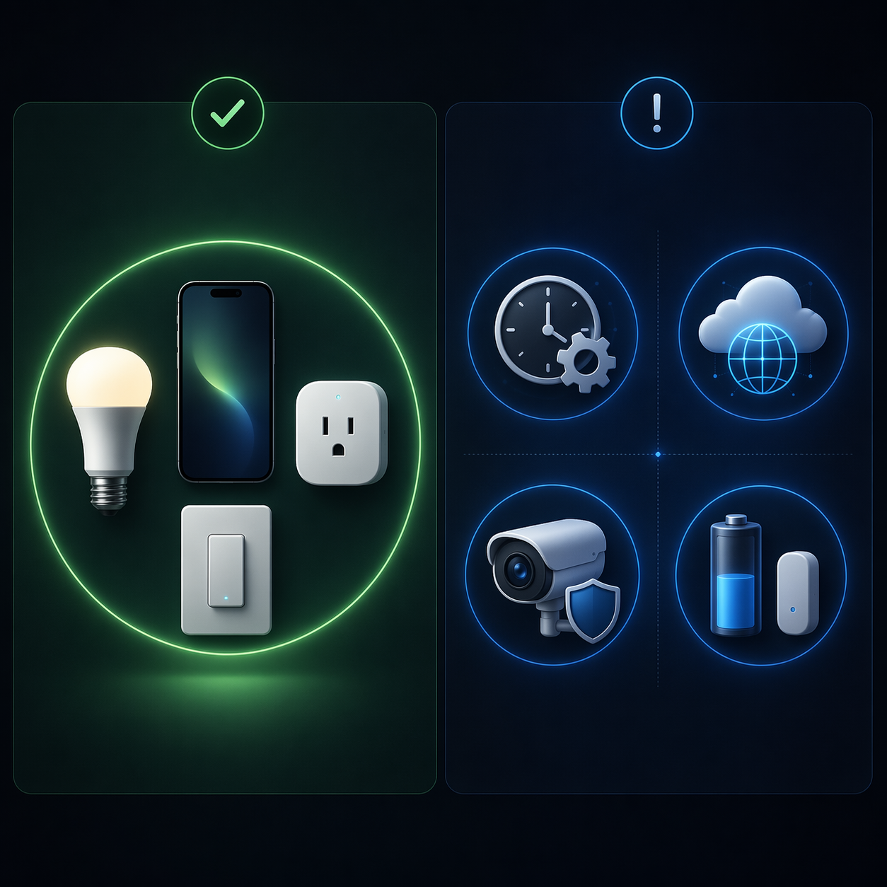 A dark comparison split into direct device control on one side and hub-dependent features on the other