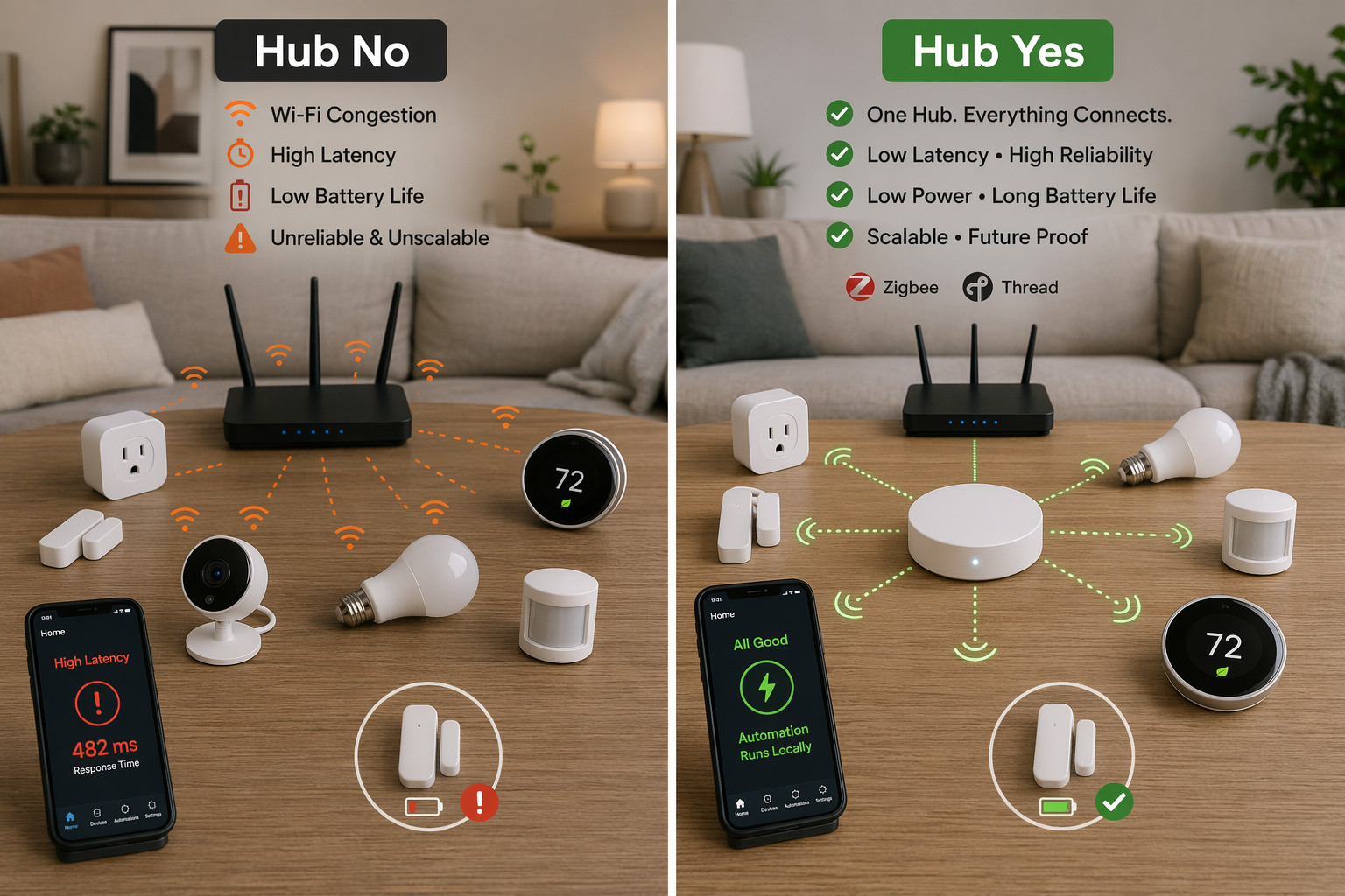 Split‑scene editorial photograph. Left side 'Hub No' shows six smart devices scattered around a congested Wi‑Fi router with orange signal lines, a smartphone displaying high latency, and a sensor with low battery warning. Right side 'Hub Yes' shows the same devices neatly connected through a central white puck‑shaped hub with green Zigbee and Thread wave icons, a single link to the router, and a smartphone showing a local automation icon.