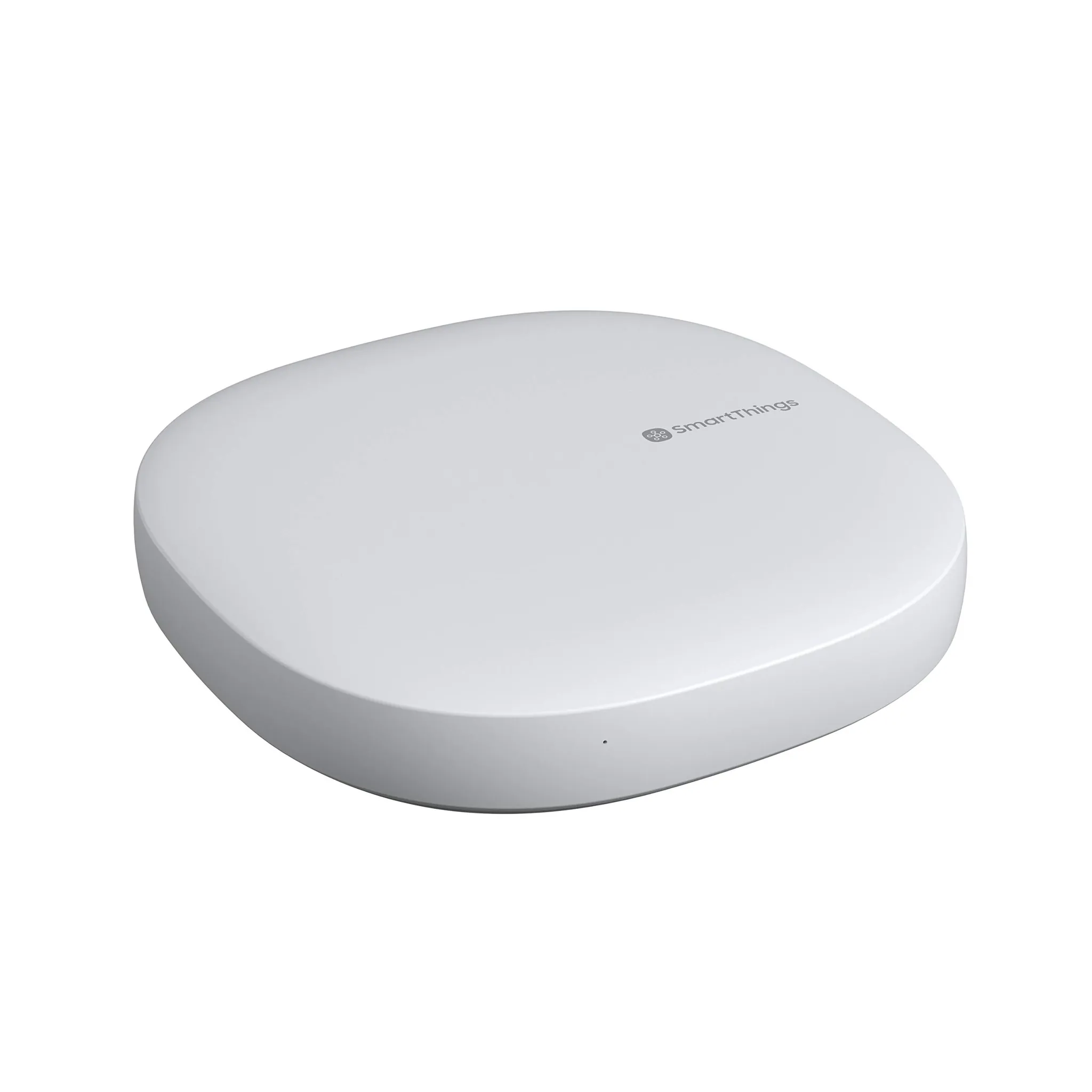 White Samsung SmartThings Hub third generation on a plain background