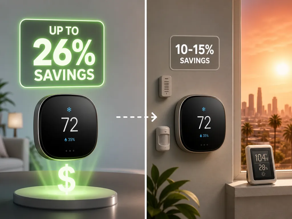 Comparison of advertised smart thermostat savings and more modest independent cooling savings during heat