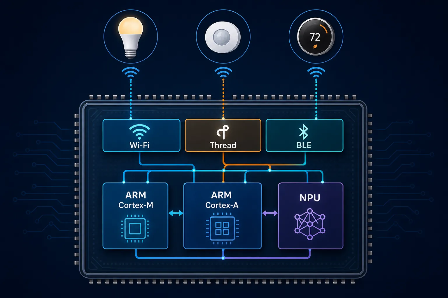 System-on-chip diagram with ARM Cortex, NPU, Wi-Fi, Thread, and BLE blocks connected to smart home devices