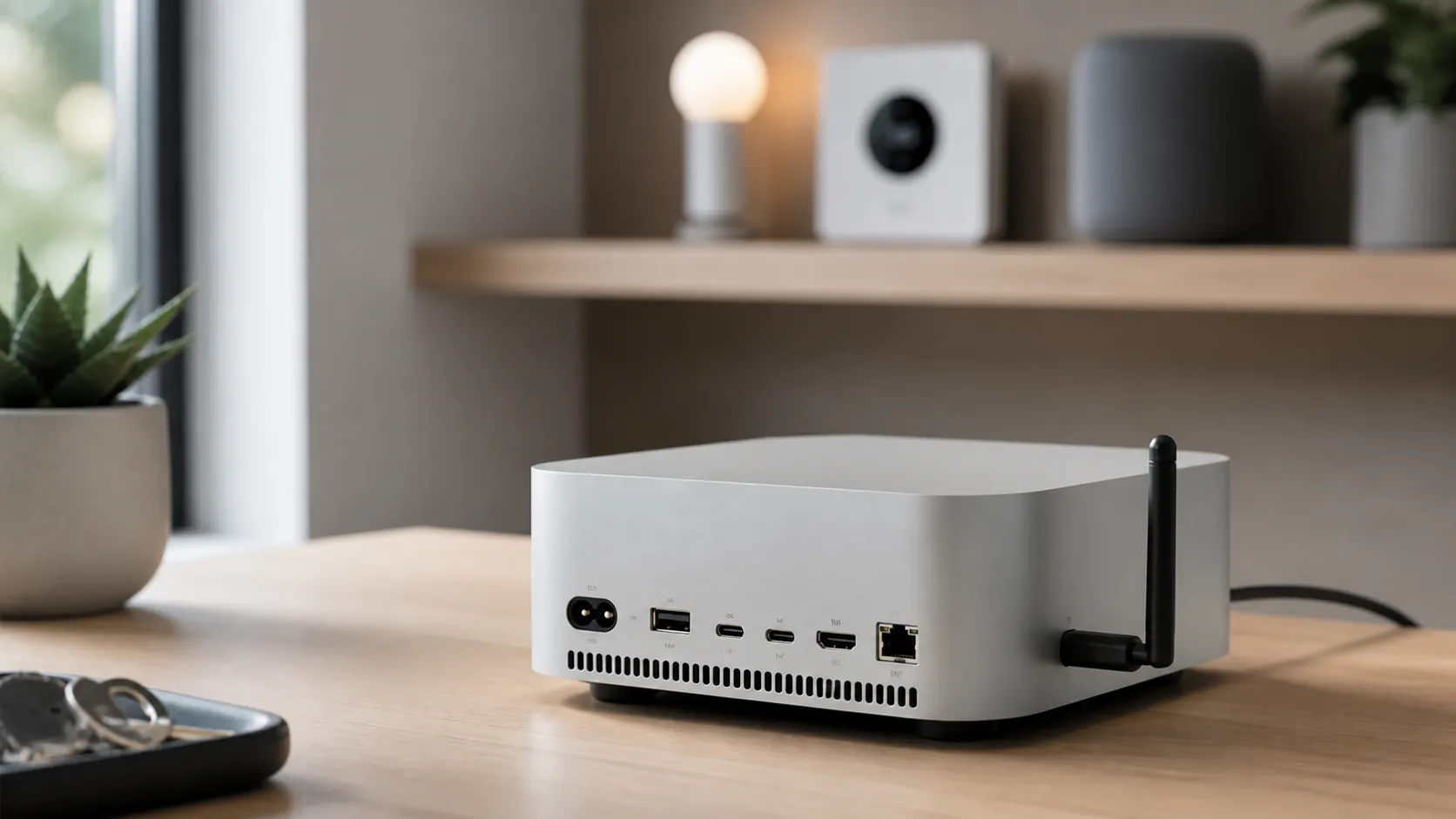Small silver mini desktop computer on a wooden desk with a USB radio dongle plugged in and smart home devices in the background