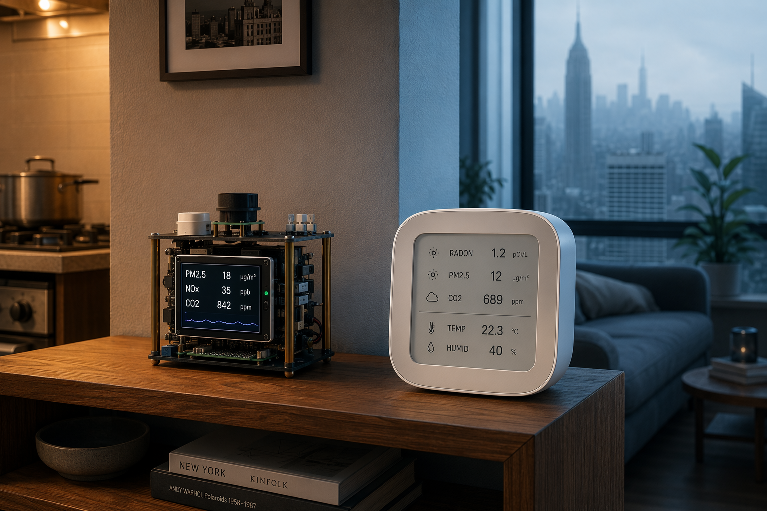 Two air quality monitors on a shelf in an NYC apartment, representing sensor breadth and platform compatibility