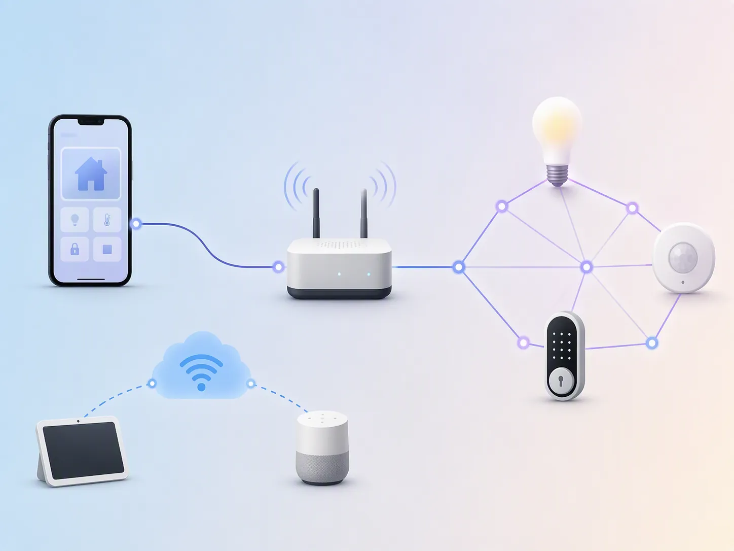 Diagram of a phone connecting to Matter over Thread devices through a central border-router-style device