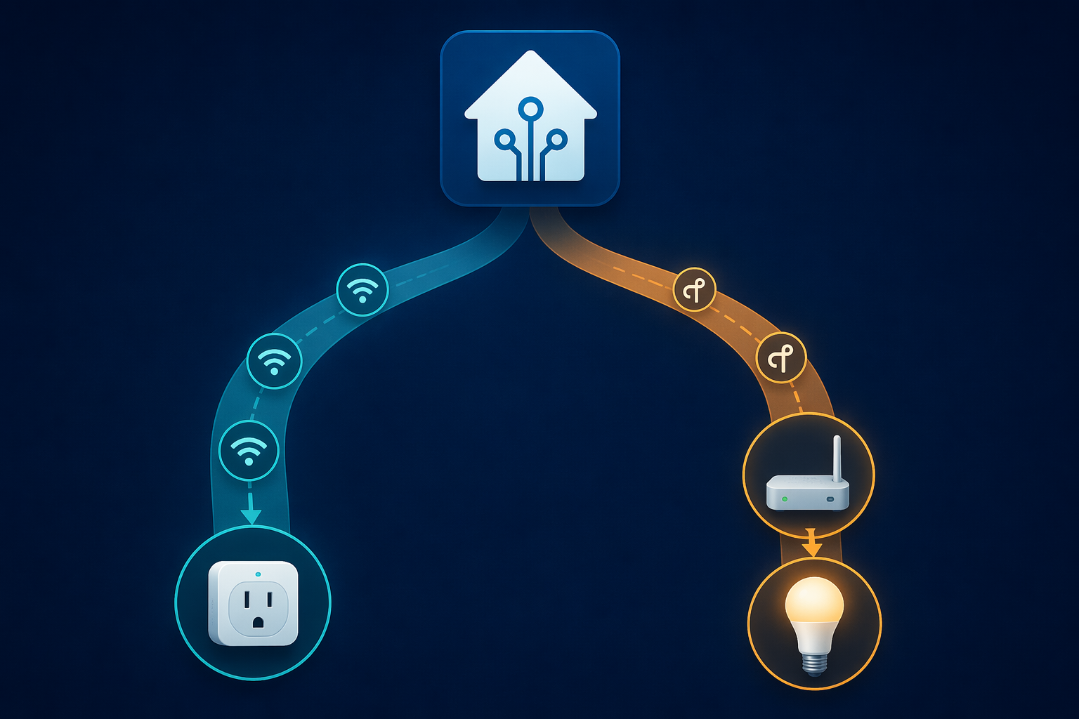 Decision fork showing Home Assistant connecting to Matter devices over Wi-Fi or through a Thread border router