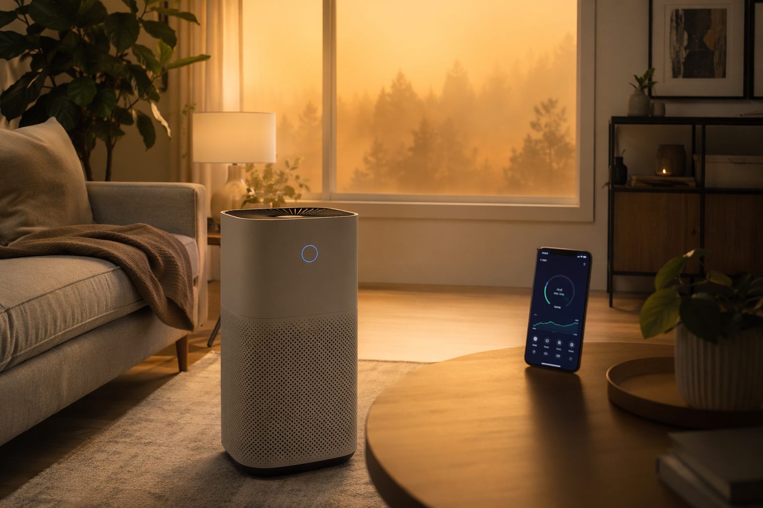 Smart air purifier in a living room with smoky light outside and an app dashboard on a phone