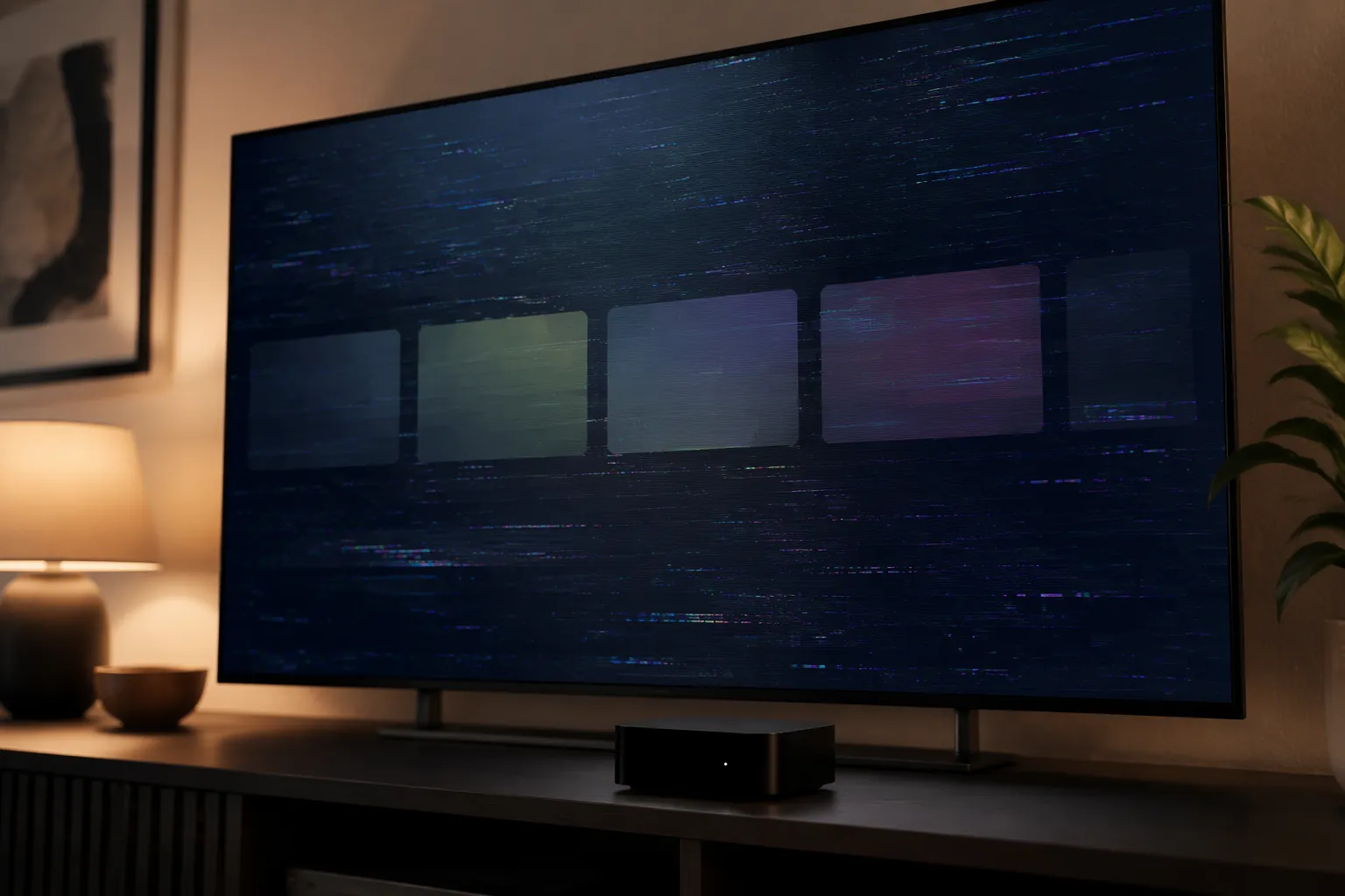 Apple TV setup with a frozen dark interface on the television