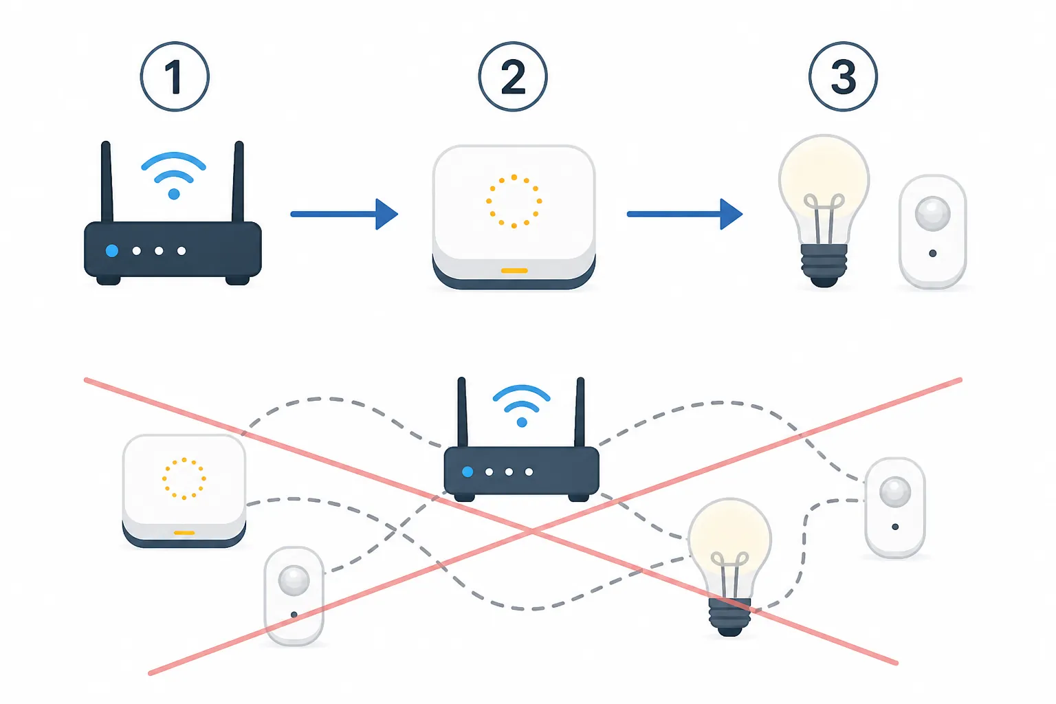 Diagram showing orderly smart home recovery from router to hub to lights and sensors, contrasted with a chaotic reboot path