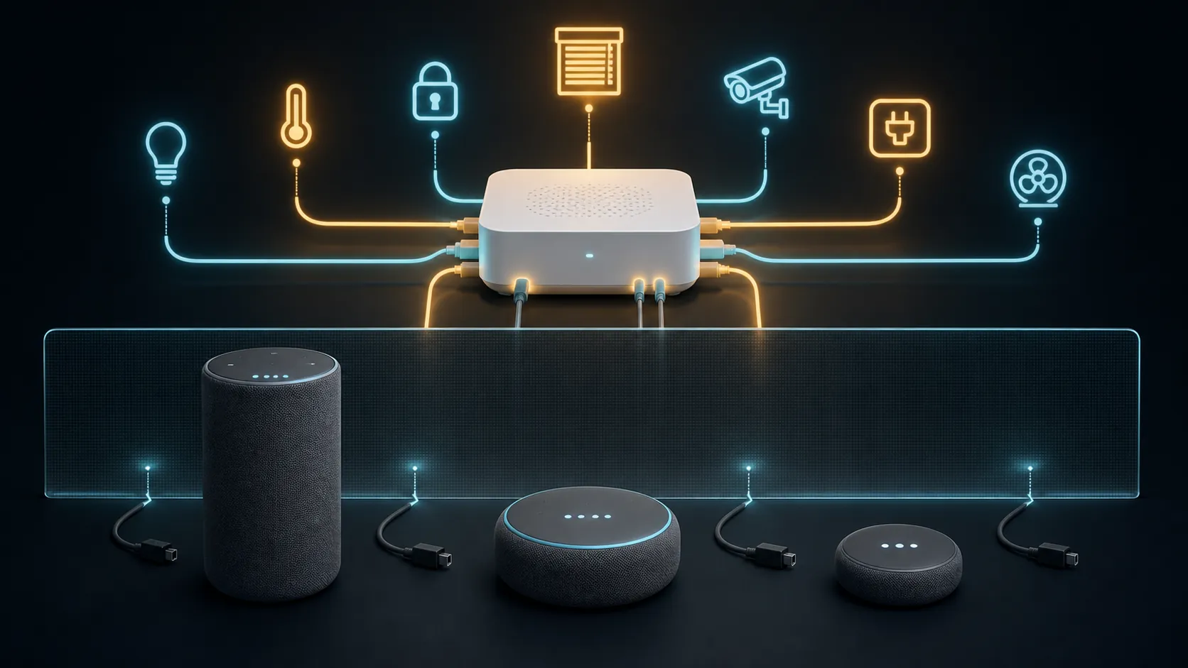 Three muted consumer smart speakers separated from a brightly wired smart-home hub