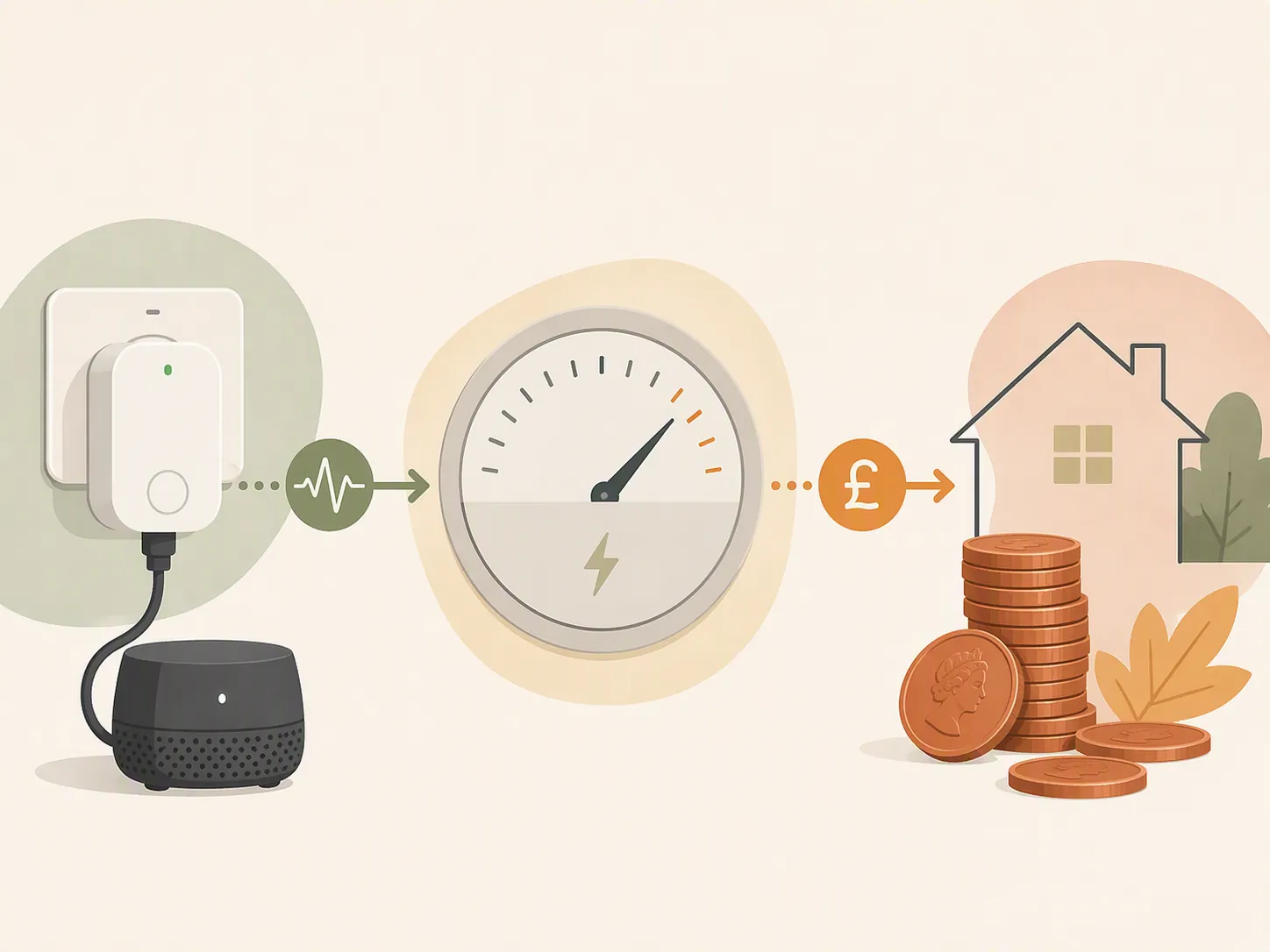 Illustration of a smart plug measuring standby energy and converting it into pennies saved