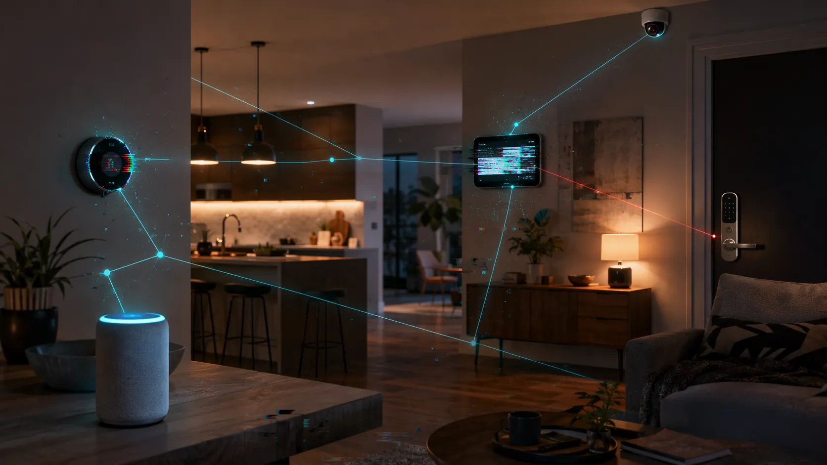 Smart home devices connected by network lines with subtle glitch effects in a living room