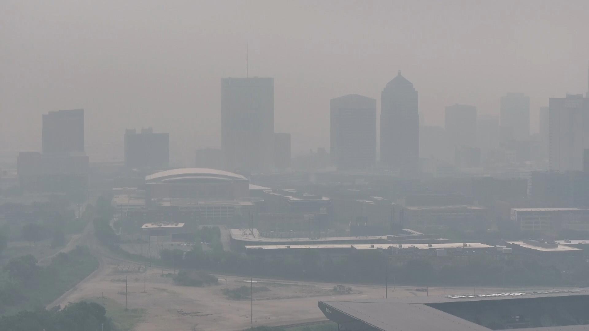 Hazy Columbus skyline during the July 17, 2026 wildfire smoke air quality alert