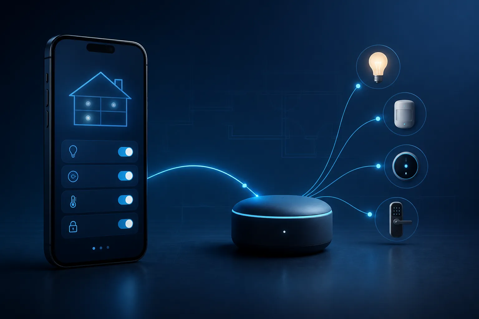 Smartphone controlling a smart home through a separate hub connected to lights, sensors, thermostat, and door lock