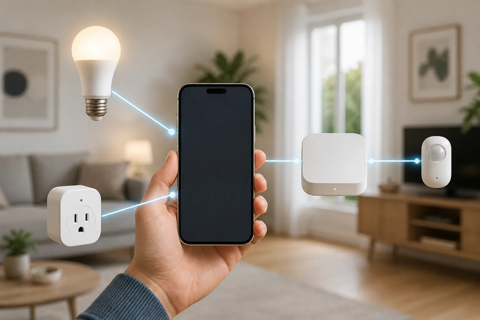 A smartphone in a living room controlling some smart-home devices directly while others connect through a hub box