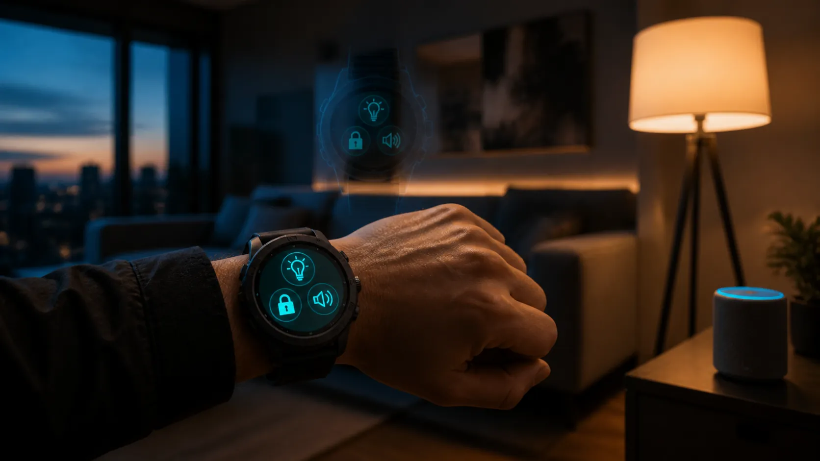 Rugged smartwatch used as a wrist remote for smart-home lights, locks, and speakers, with a second watch outline behind it
