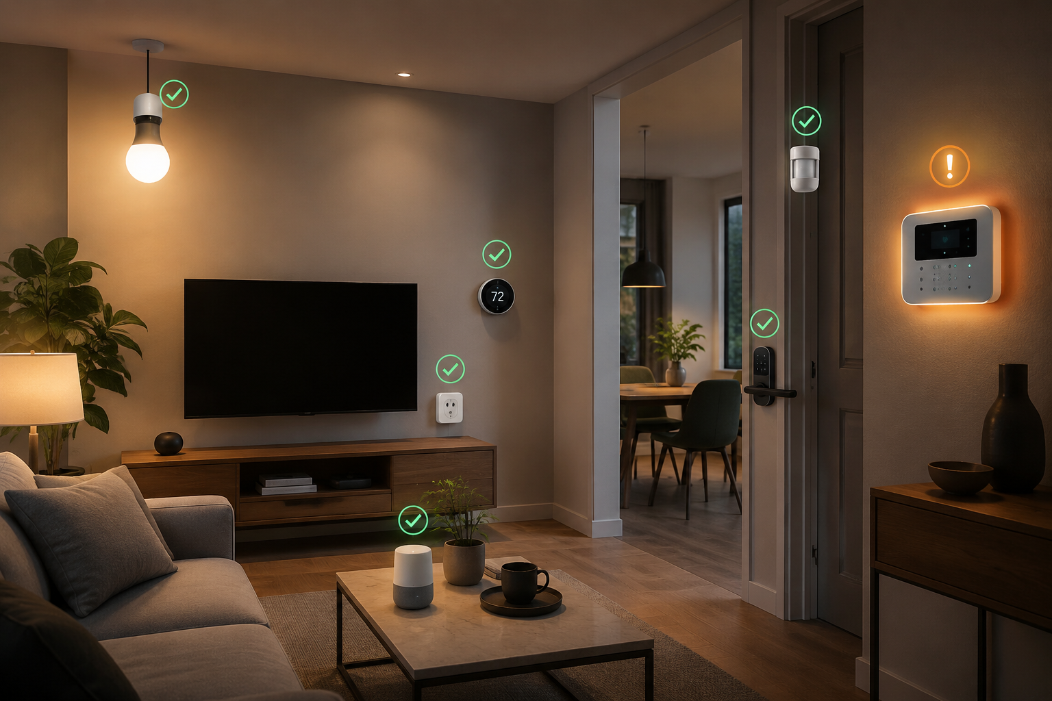 Modern smart home devices showing normal status while an alarm panel is highlighted for cellular communication review