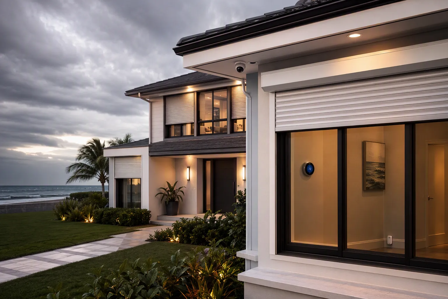 Coastal smart home at dusk with motorized roll-down hurricane shutters, storm clouds, thermostat, camera, and doorway sensor